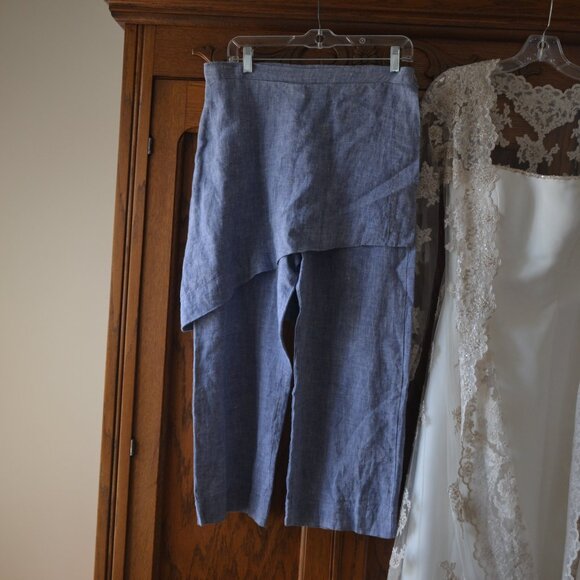 Bryn Walker Asymmetric Wrap Skirt 100% Linen Crop Pant SMALL Blue Chambray USA - Picture 5 of 7
